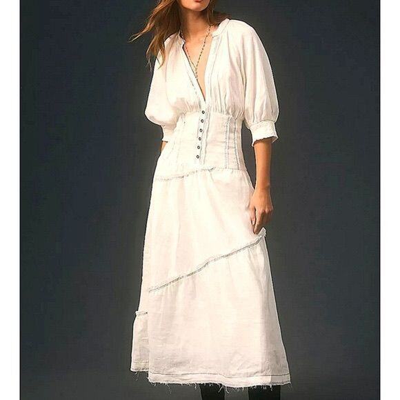 Anthropologie Dresses & Skirts - Anthropologie V-Neck white Corset Midi linen Shirt Dress Sz Medium
